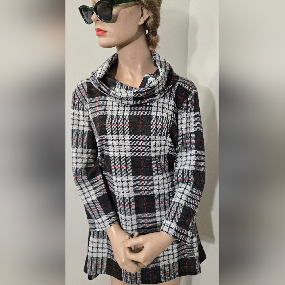 Plaid Cowl Neck Sweater - Black, White, Red Three Quarter Sleeve.  NWT